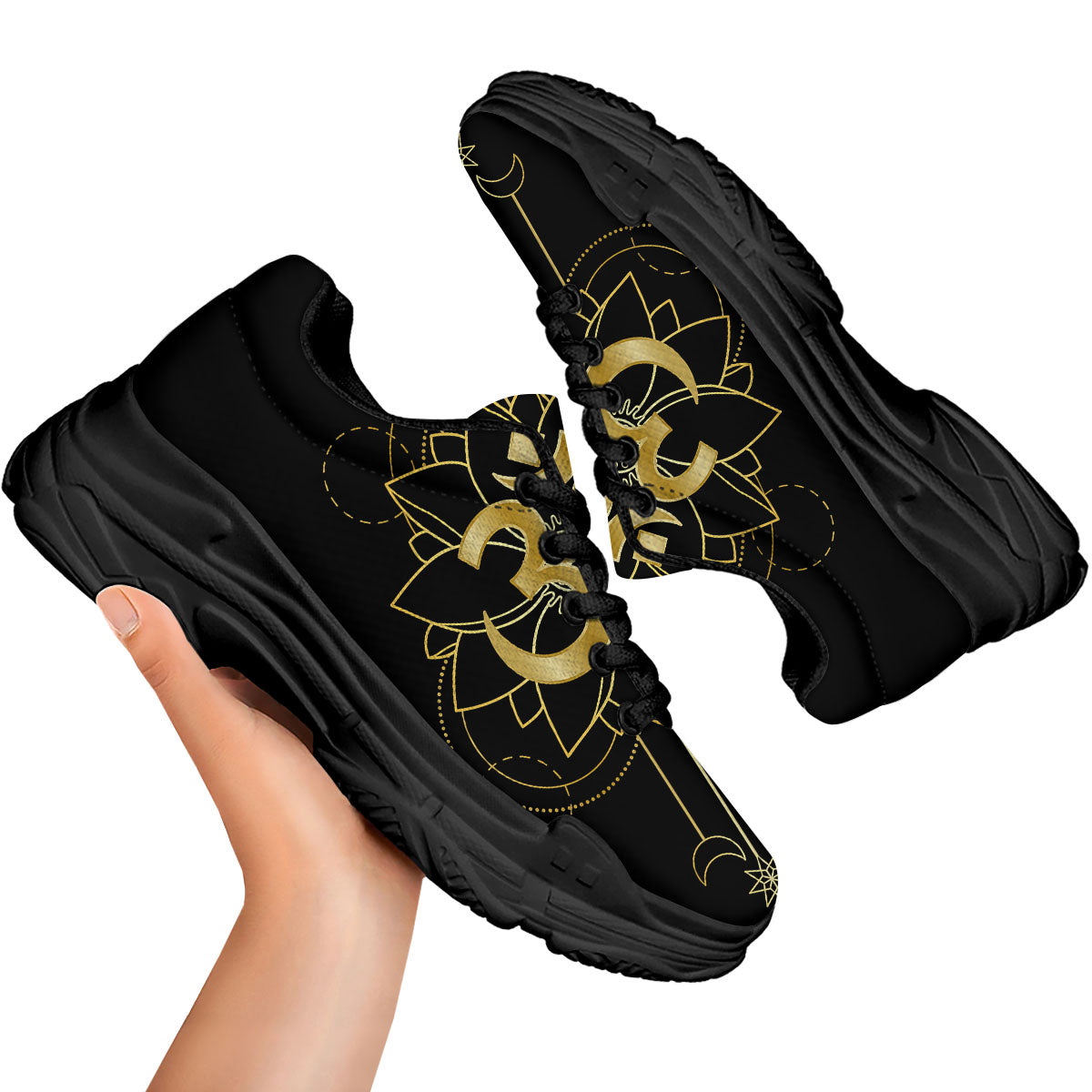 Lotus Om Gold Print Black Chunky Shoes-grizzshop