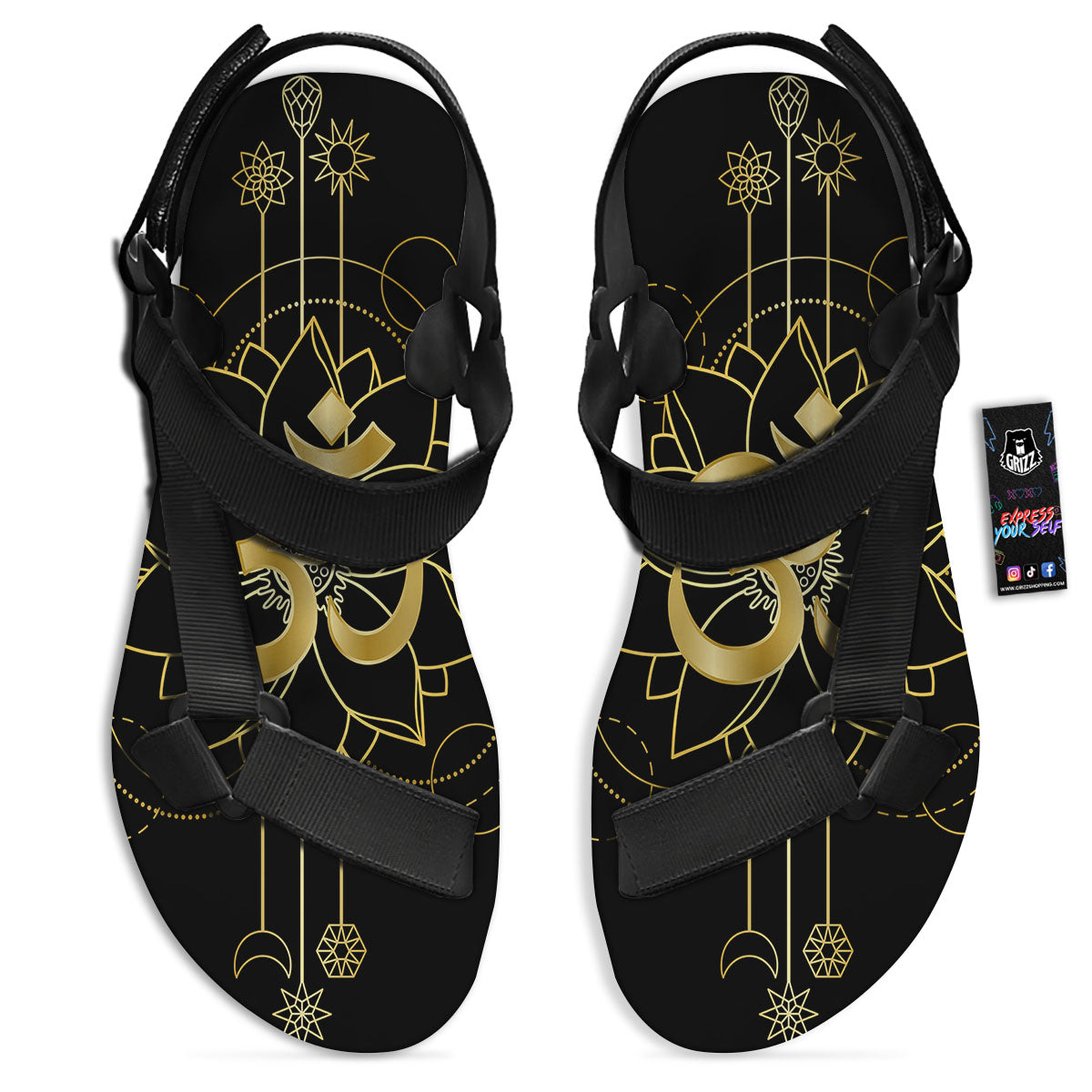 Lotus Om Gold Print Black Open Toe Sandals-grizzshop