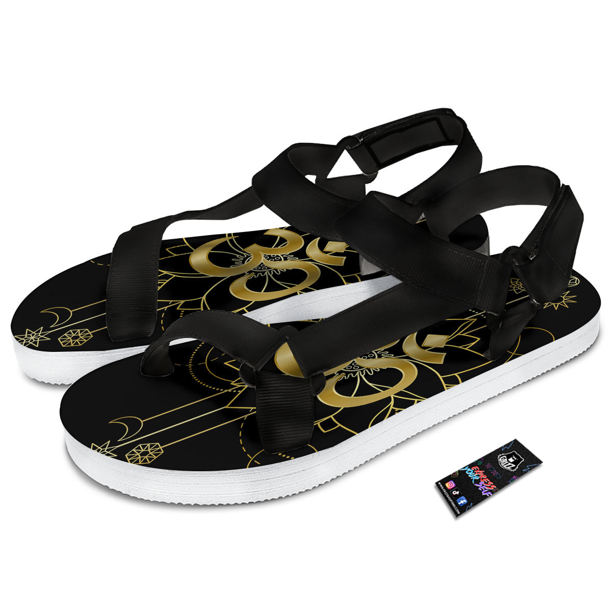 Lotus Om Gold Print Black Open Toe Sandals-grizzshop