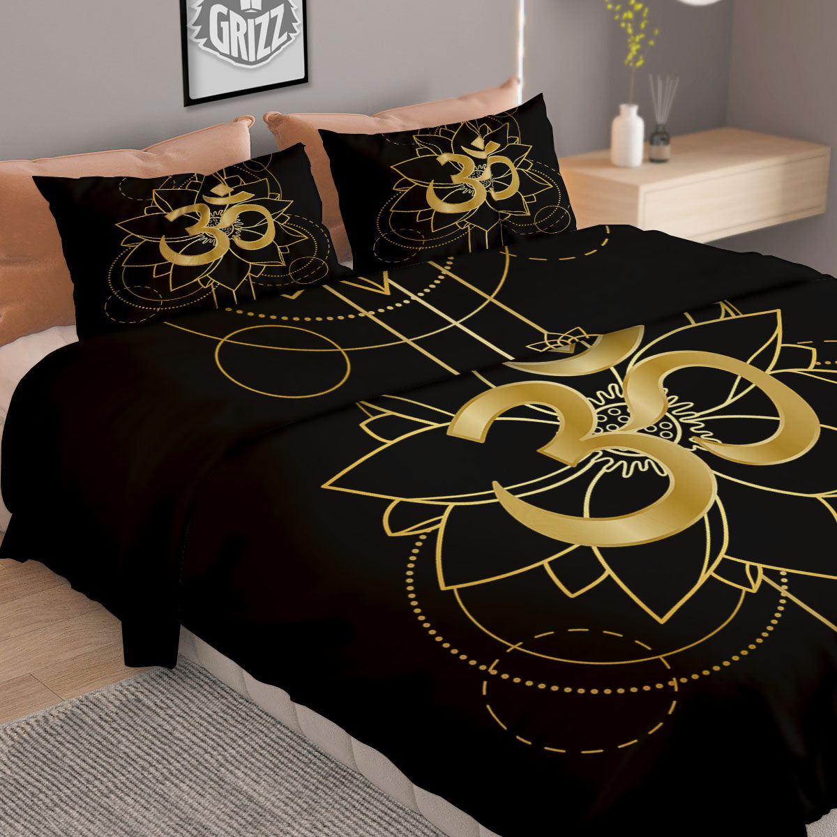 Lotus Om Gold Print Duvet Cover Bedding Set