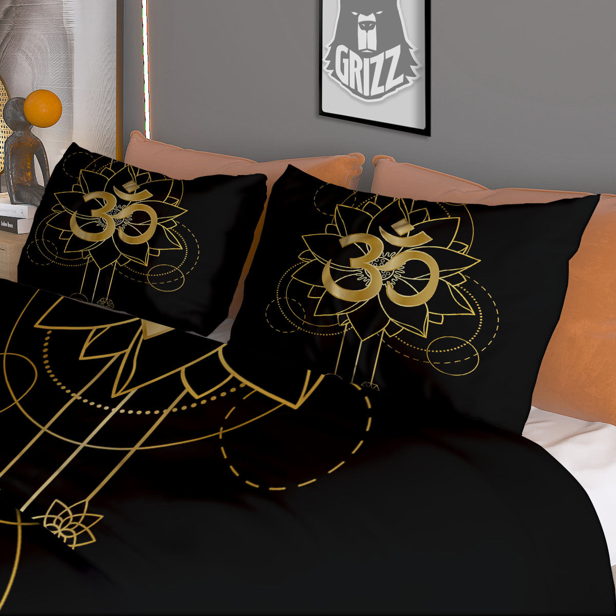 Lotus Om Gold Print Duvet Cover Bedding Set