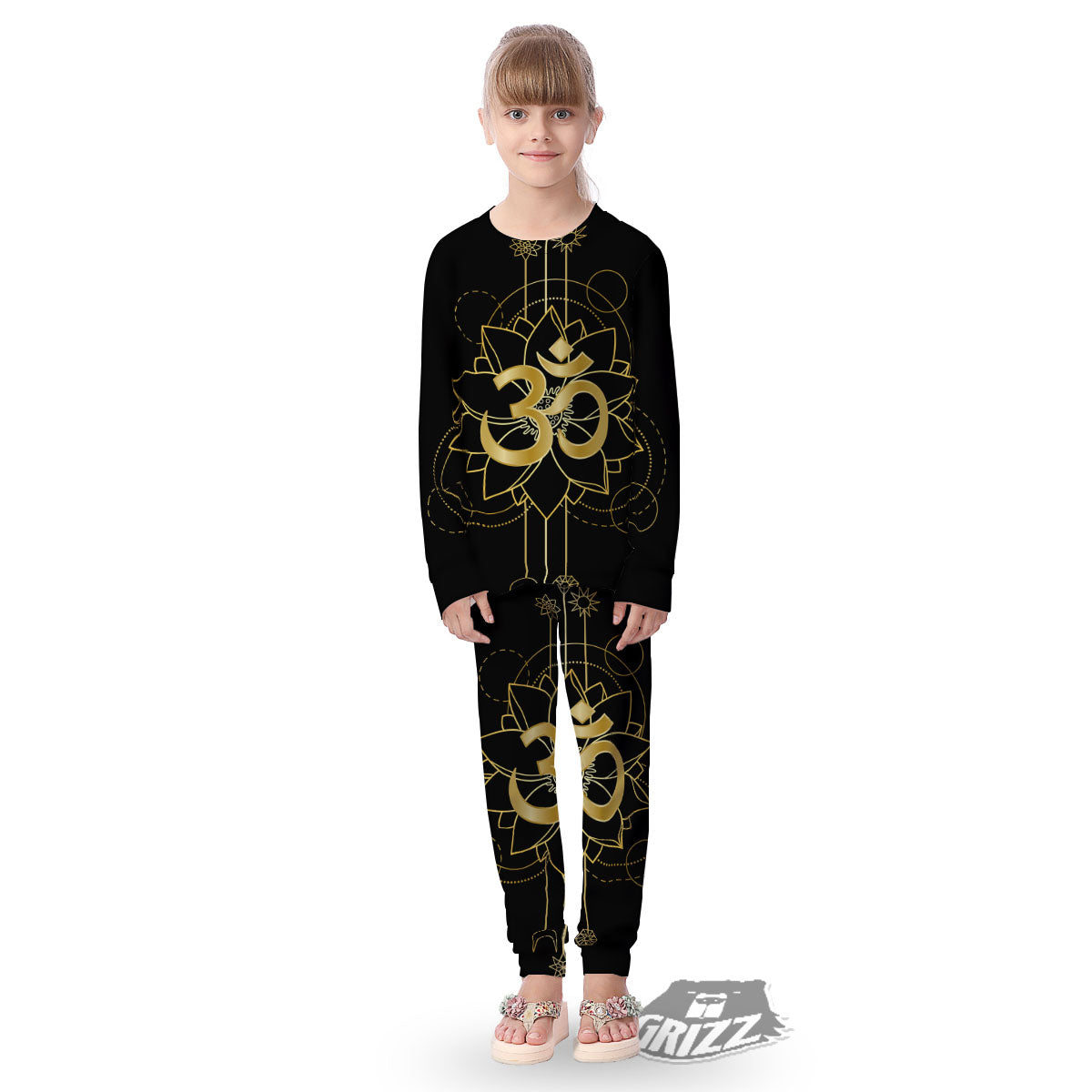 Lotus Om Gold Print Kid's Pajamas-grizzshop