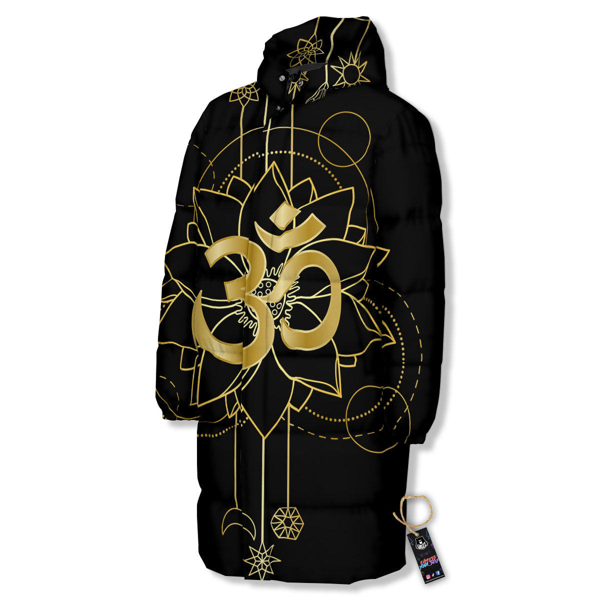 Lotus Om Gold Print Long Down Jacket-grizzshop