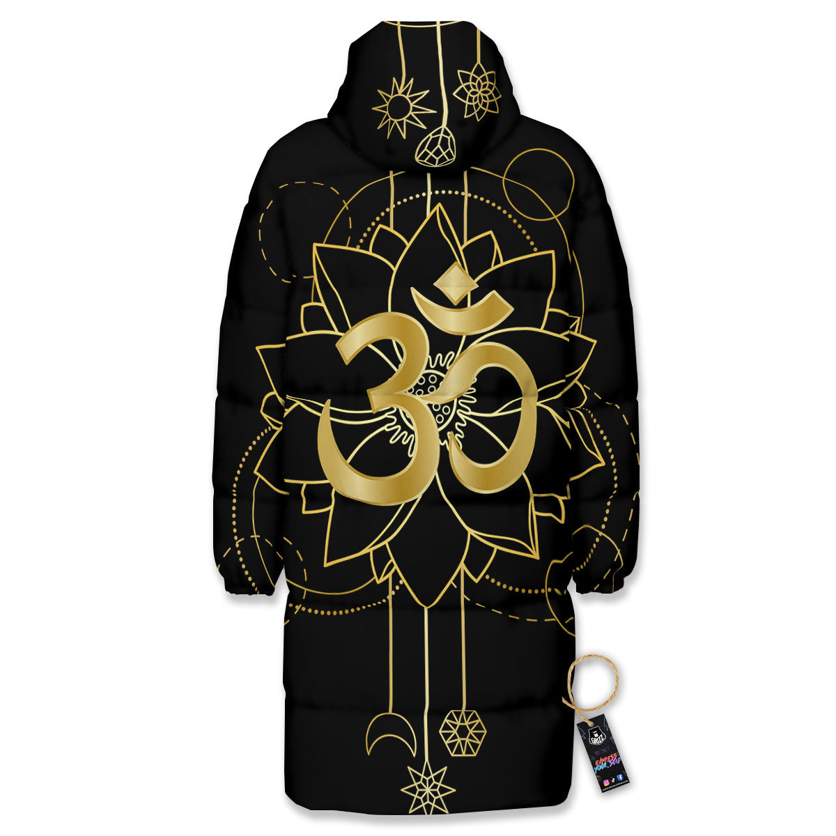 Lotus Om Gold Print Long Down Jacket-grizzshop