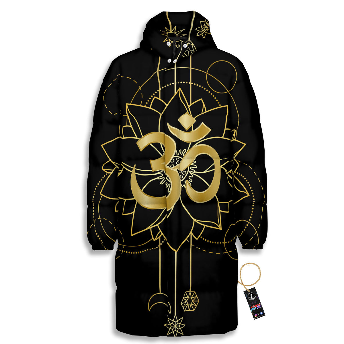 Lotus Om Gold Print Long Down Jacket-grizzshop