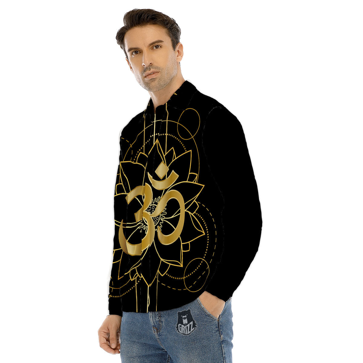 Lotus Om Gold Print Men's Dress Shirts-grizzshop
