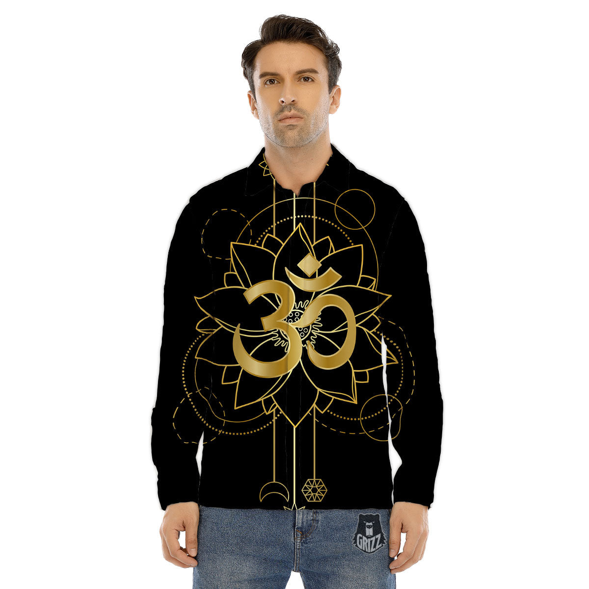 Lotus Om Gold Print Men's Dress Shirts-grizzshop