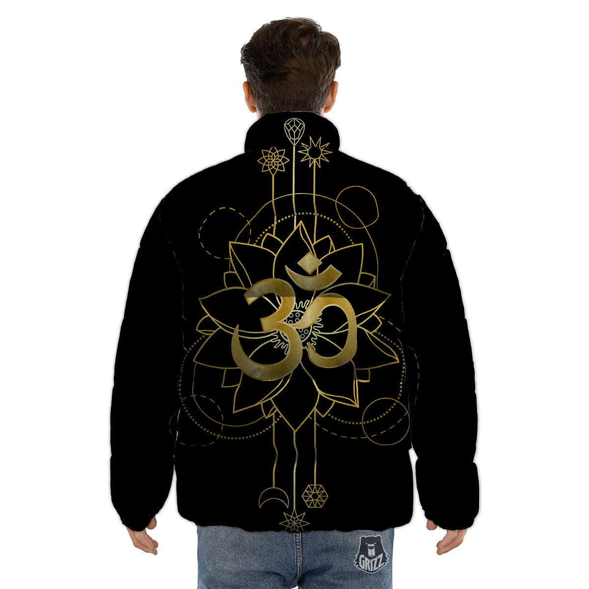 Lotus Om Gold Print Puffer Jacket-grizzshop