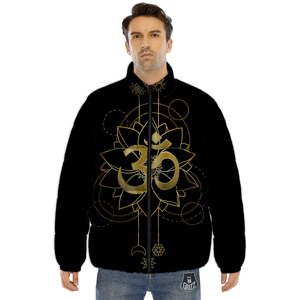 Lotus Om Gold Print Puffer Jacket-grizzshop