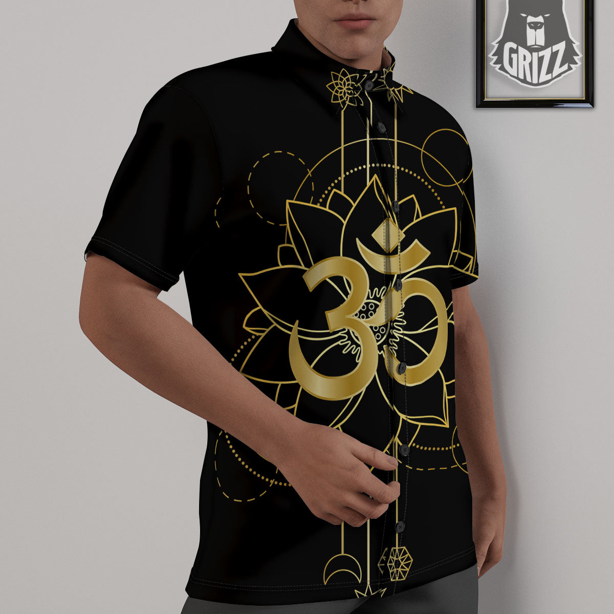 Lotus Om Gold Print Untucked Shirts-grizzshop