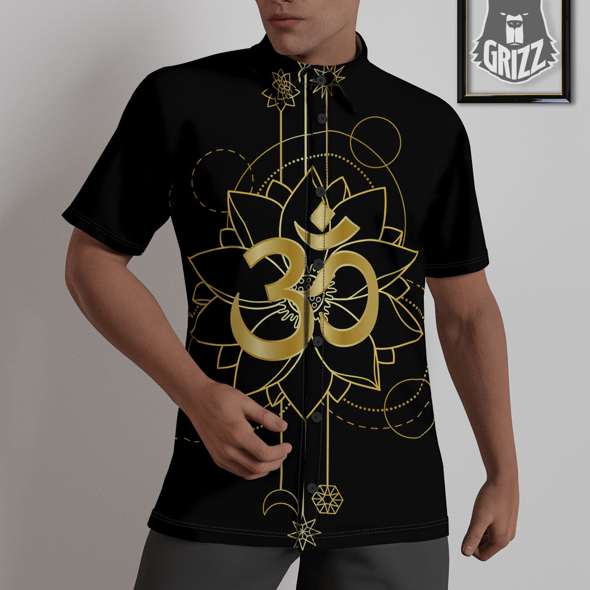 Lotus Om Gold Print Untucked Shirts-grizzshop
