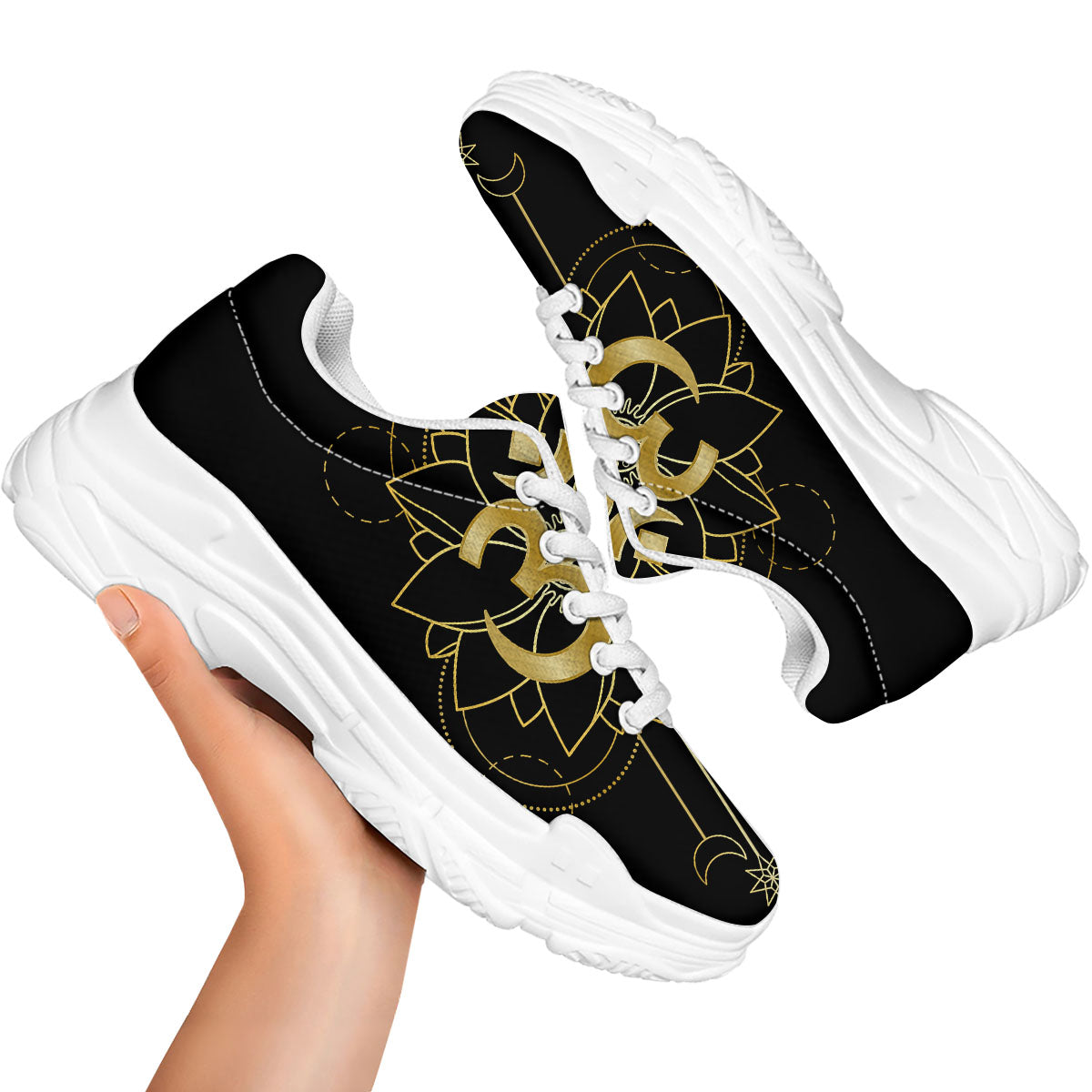 Lotus Om Gold Print White Chunky Shoes-grizzshop