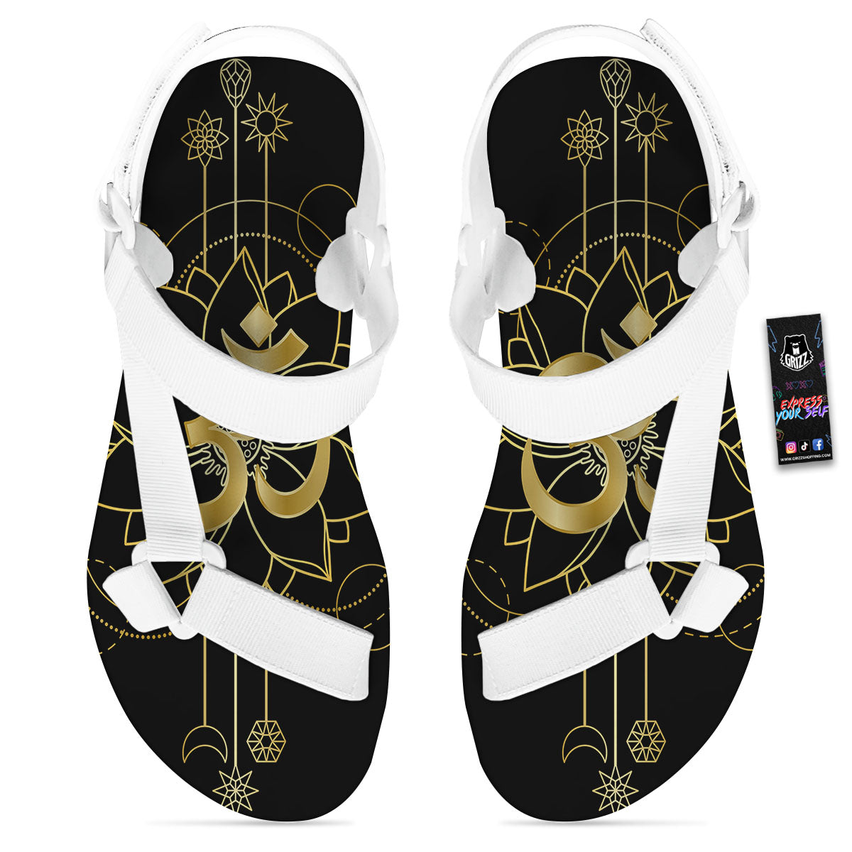 Lotus Om Gold Print White Open Toe Sandals-grizzshop