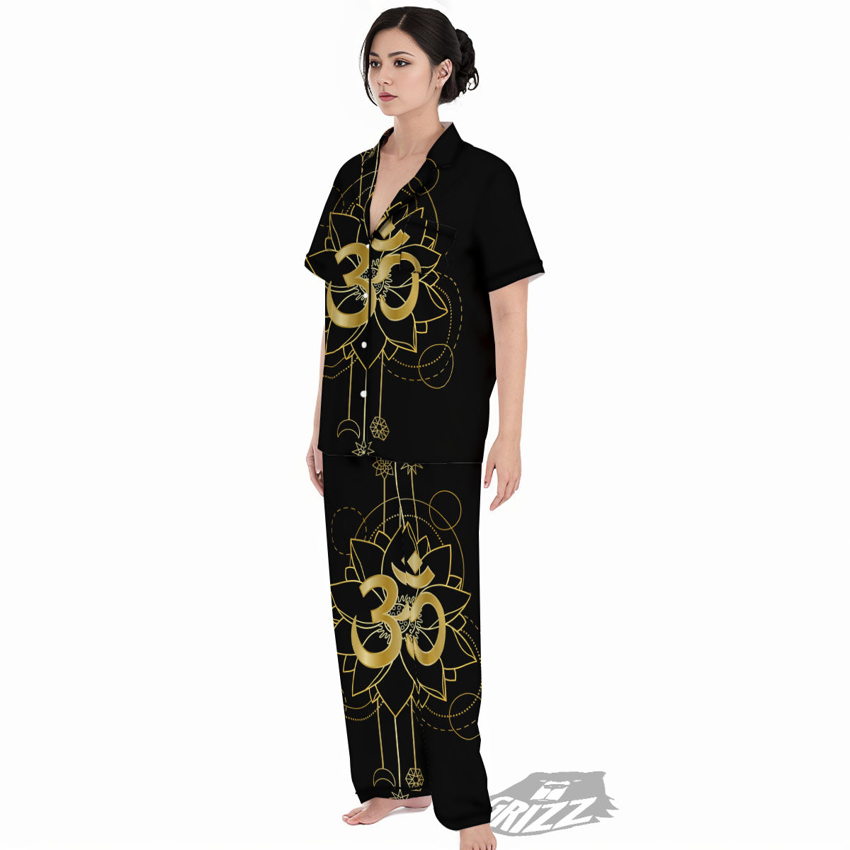Lotus Om Gold Print Women's Pajamas Set-grizzshop