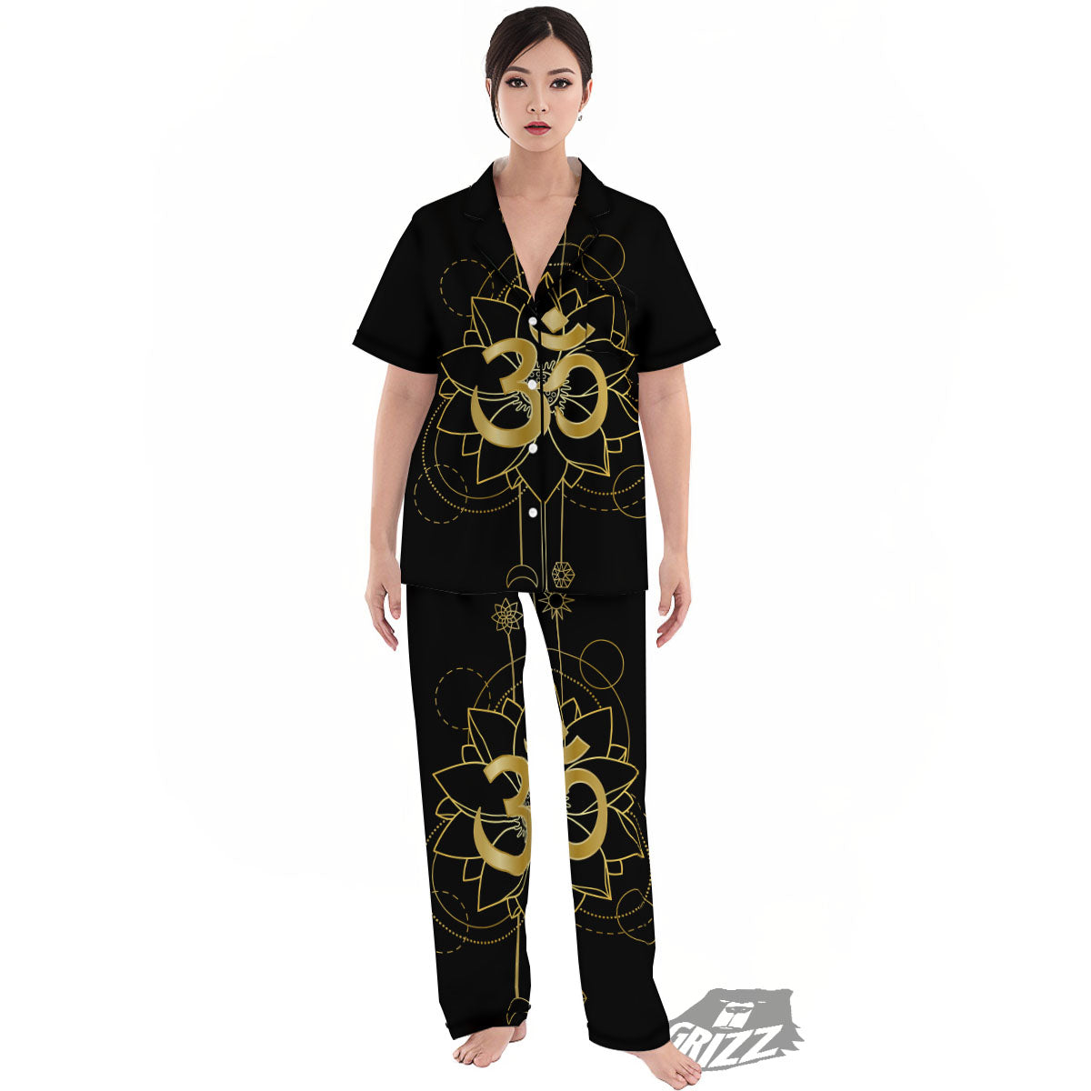 Lotus Om Gold Print Women's Pajamas Set-grizzshop