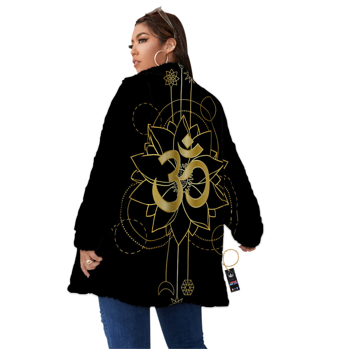 Lotus Om Gold Print Women's Sherpa Jacket-grizzshop