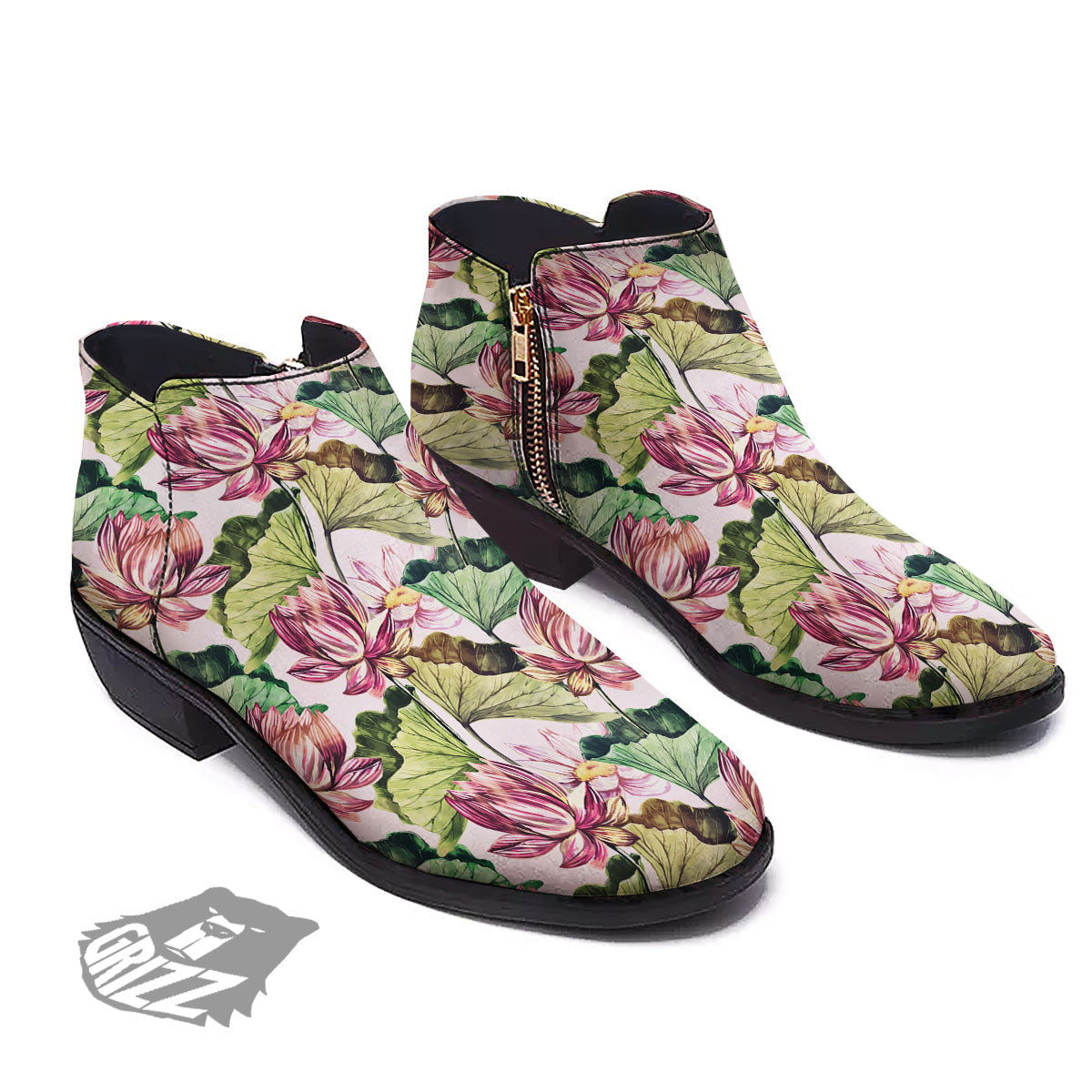 Lotus Pink Print Pattern Ankle Boots-grizzshop