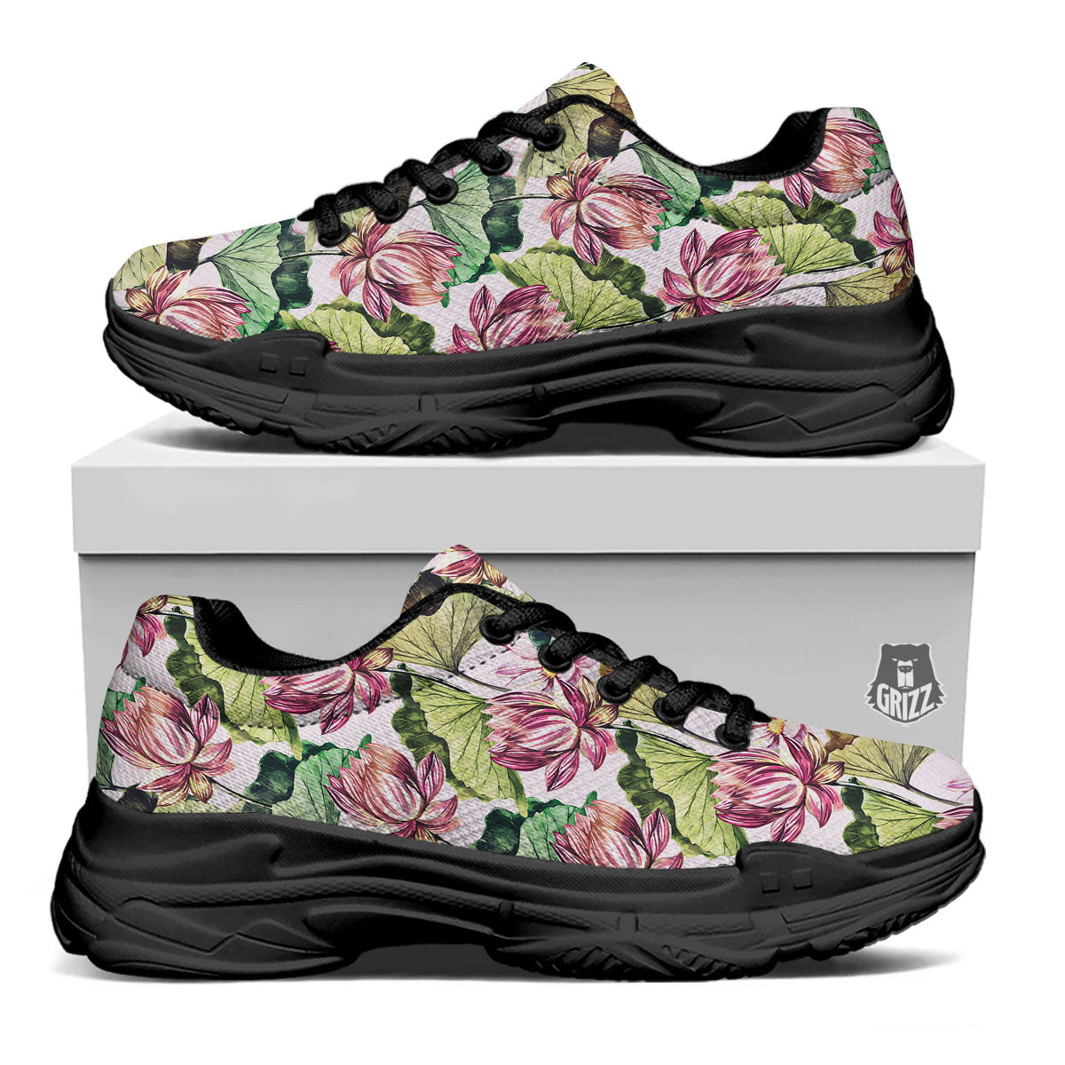 Lotus Pink Print Pattern Black Chunky Shoes-grizzshop