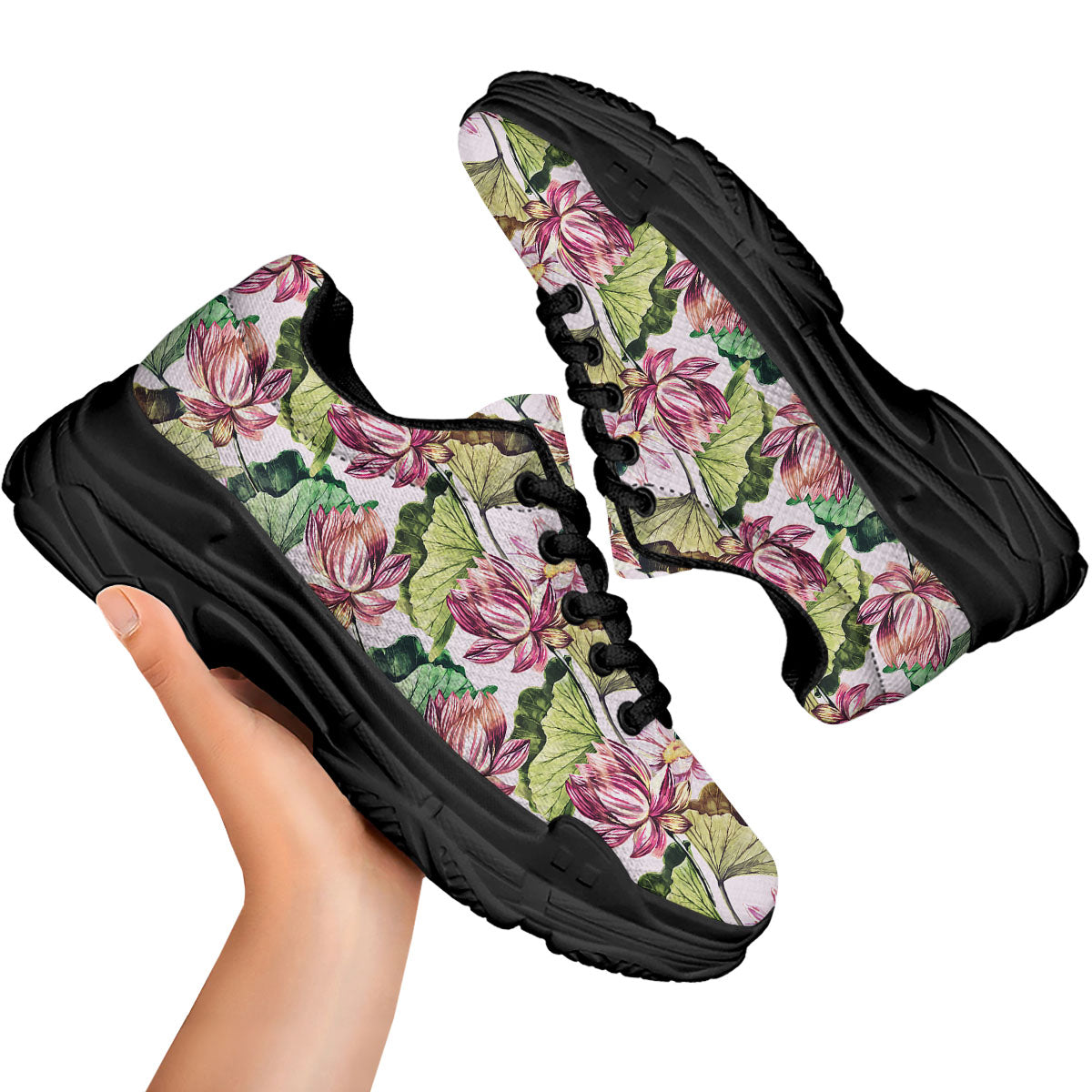 Lotus Pink Print Pattern Black Chunky Shoes-grizzshop