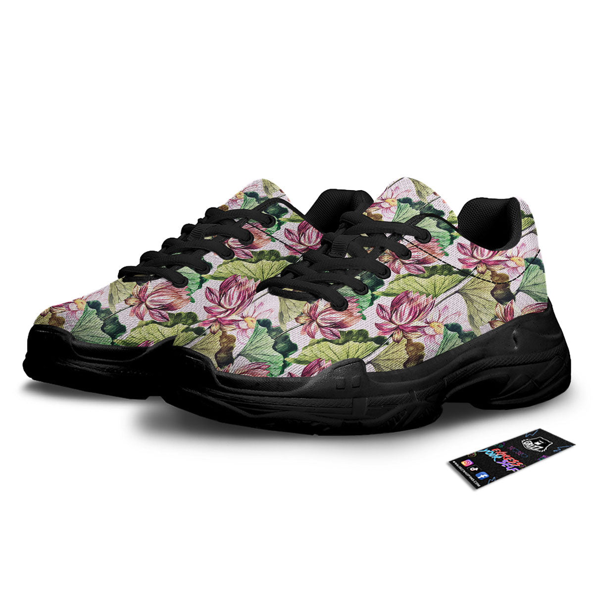 Lotus Pink Print Pattern Black Chunky Shoes-grizzshop
