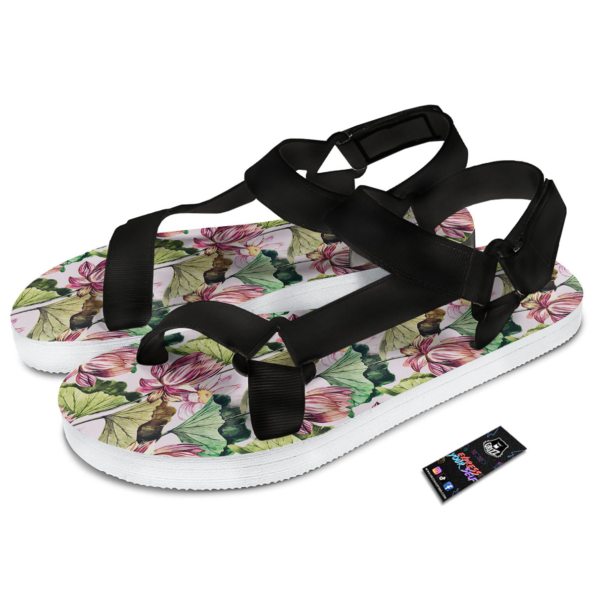 Lotus Pink Print Pattern Black Open Toe Sandals-grizzshop