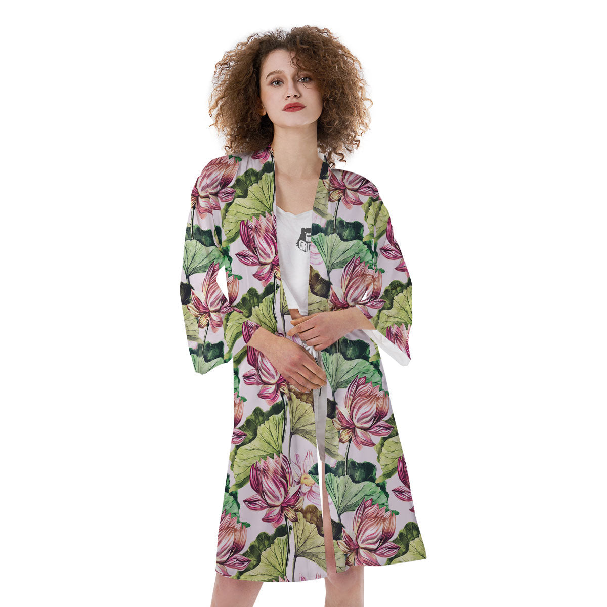 Lotus Pink Print Pattern Kimono-grizzshop