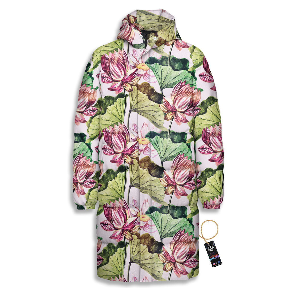 Lotus Pink Print Pattern Long Down Jacket-grizzshop