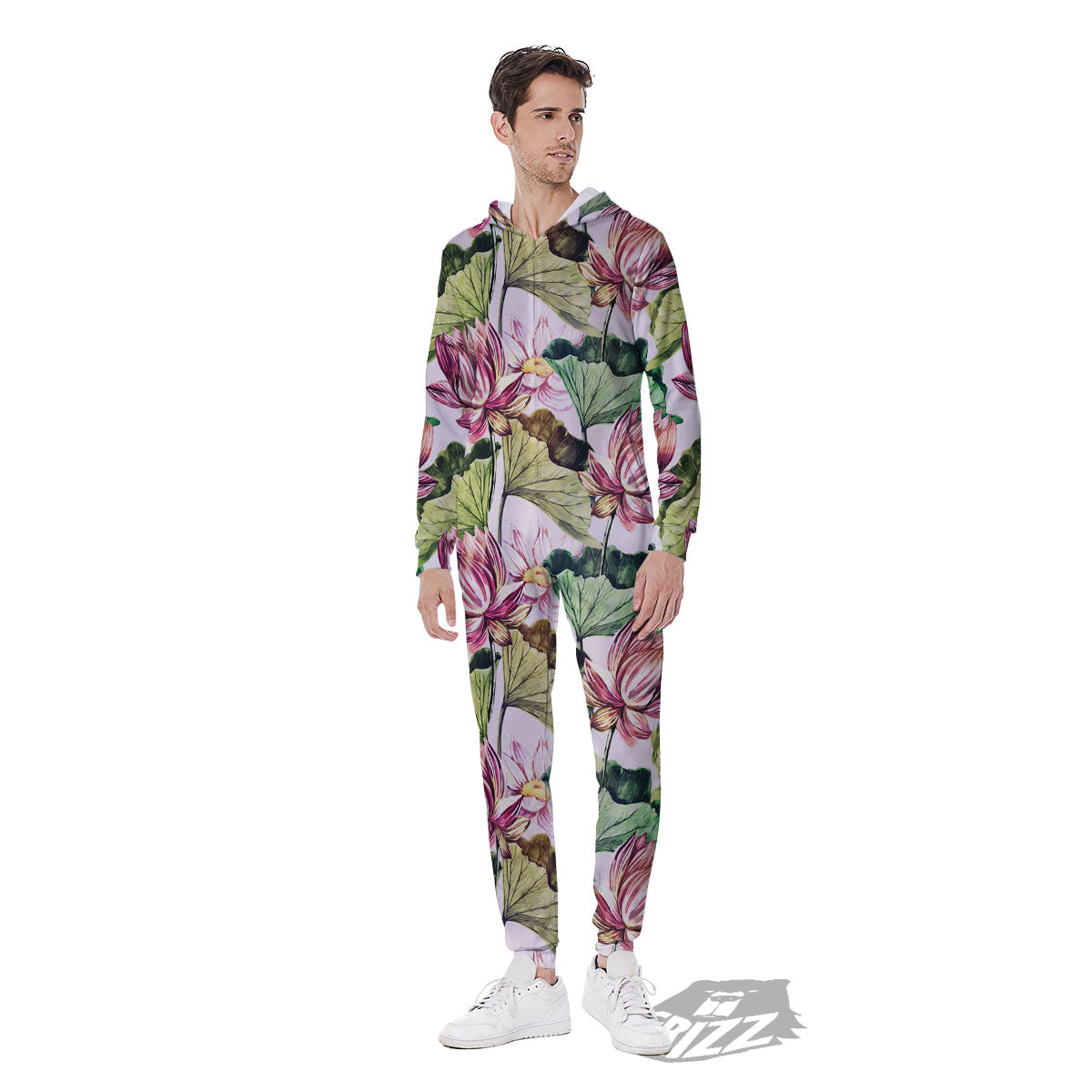 Lotus Pink Print Pattern Men's Jumpsuit-grizzshop