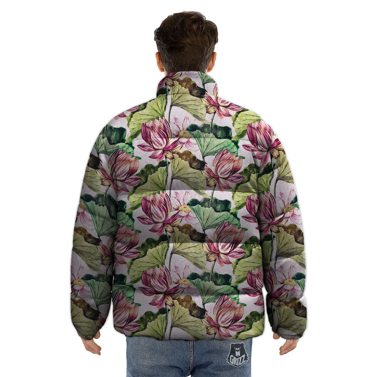 Lotus Pink Print Pattern Puffer Jacket-grizzshop