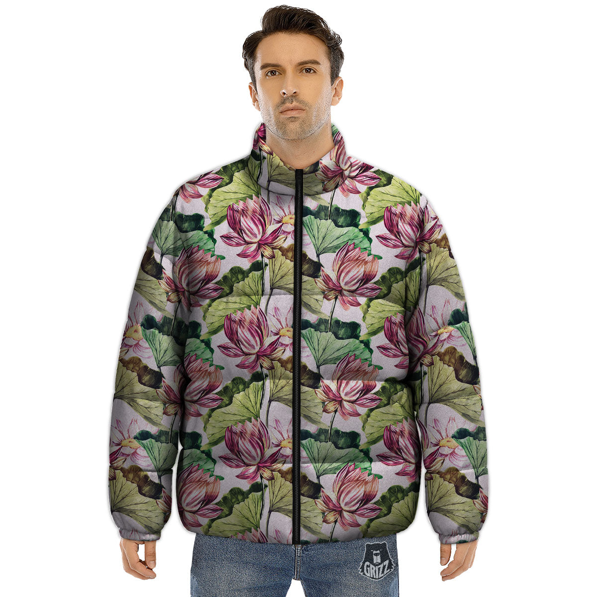 Lotus Pink Print Pattern Puffer Jacket-grizzshop