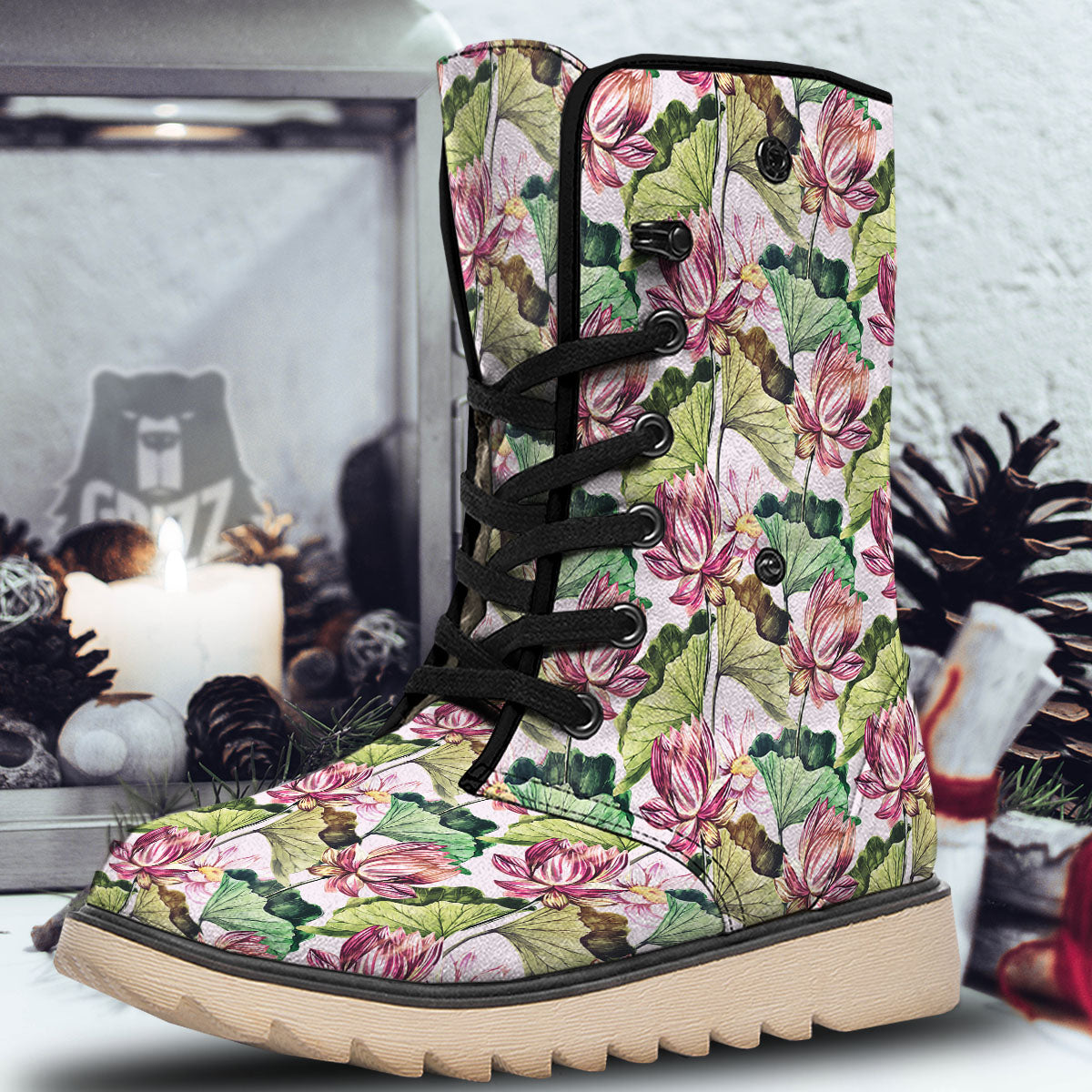 Lotus Pink Print Pattern Snow Boots-grizzshop