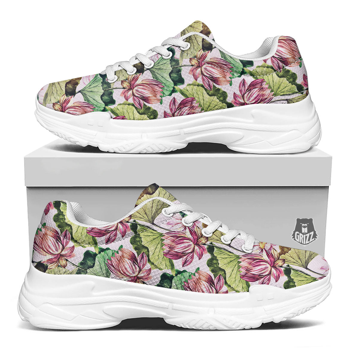 Lotus Pink Print Pattern White Chunky Shoes-grizzshop