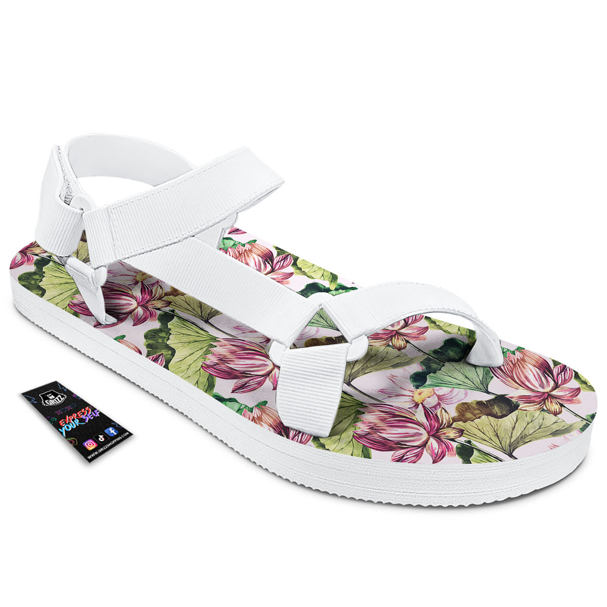 Lotus Pink Print Pattern White Open Toe Sandals-grizzshop