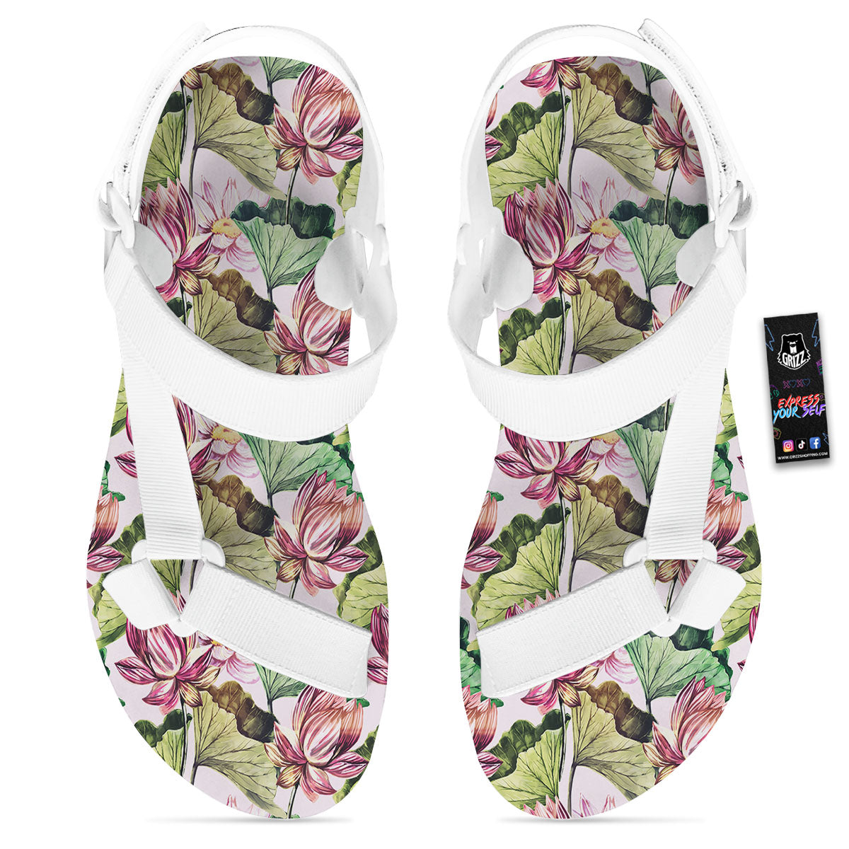 Lotus Pink Print Pattern White Open Toe Sandals-grizzshop