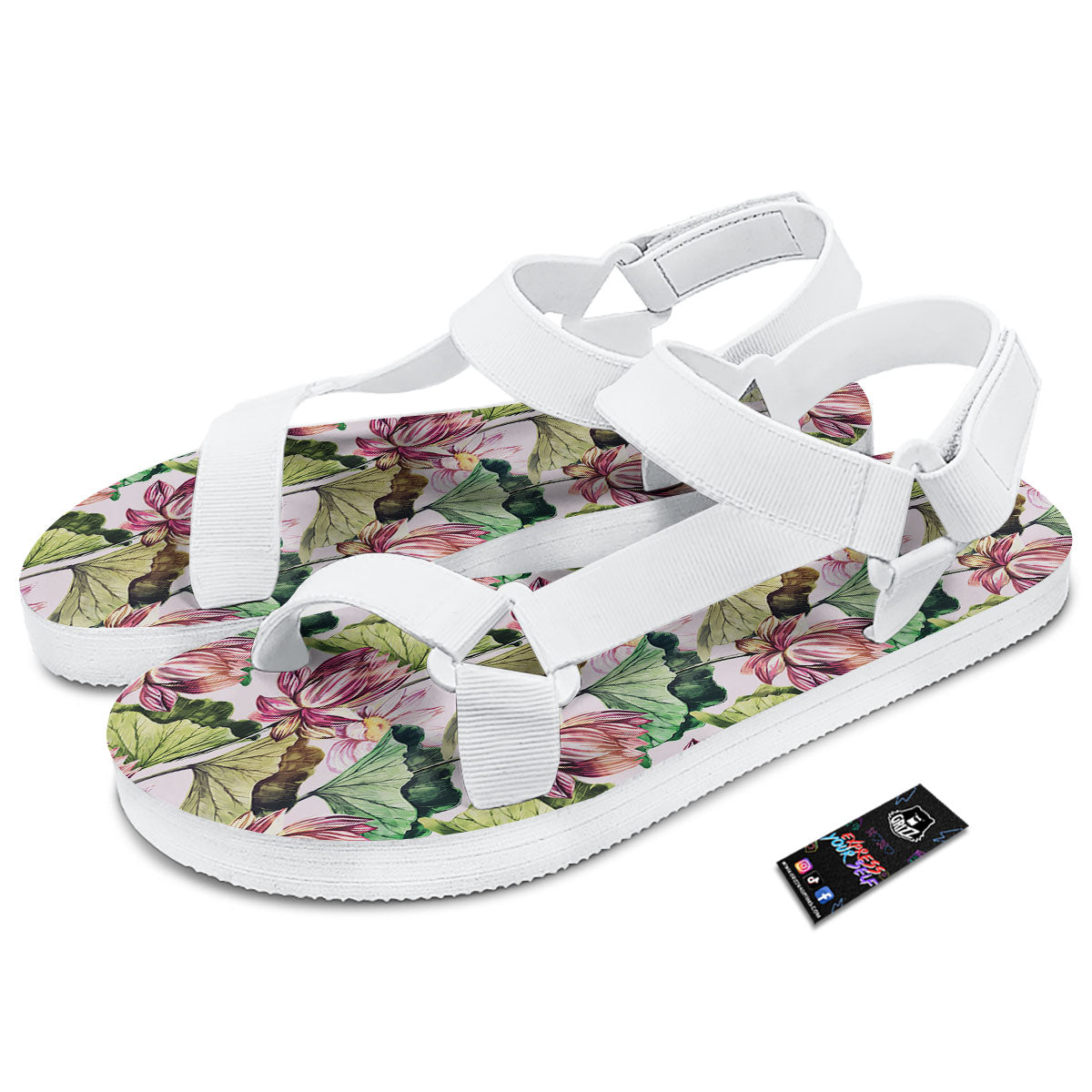 Lotus Pink Print Pattern White Open Toe Sandals-grizzshop