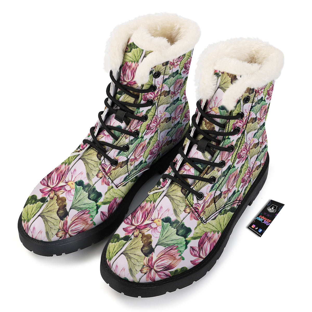 Lotus Pink Print Pattern Winter Boots-grizzshop