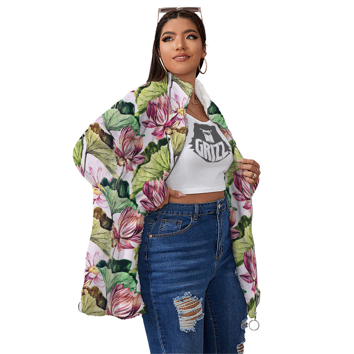 Lotus Pink Print Pattern Women's Sherpa Jacket-grizzshop