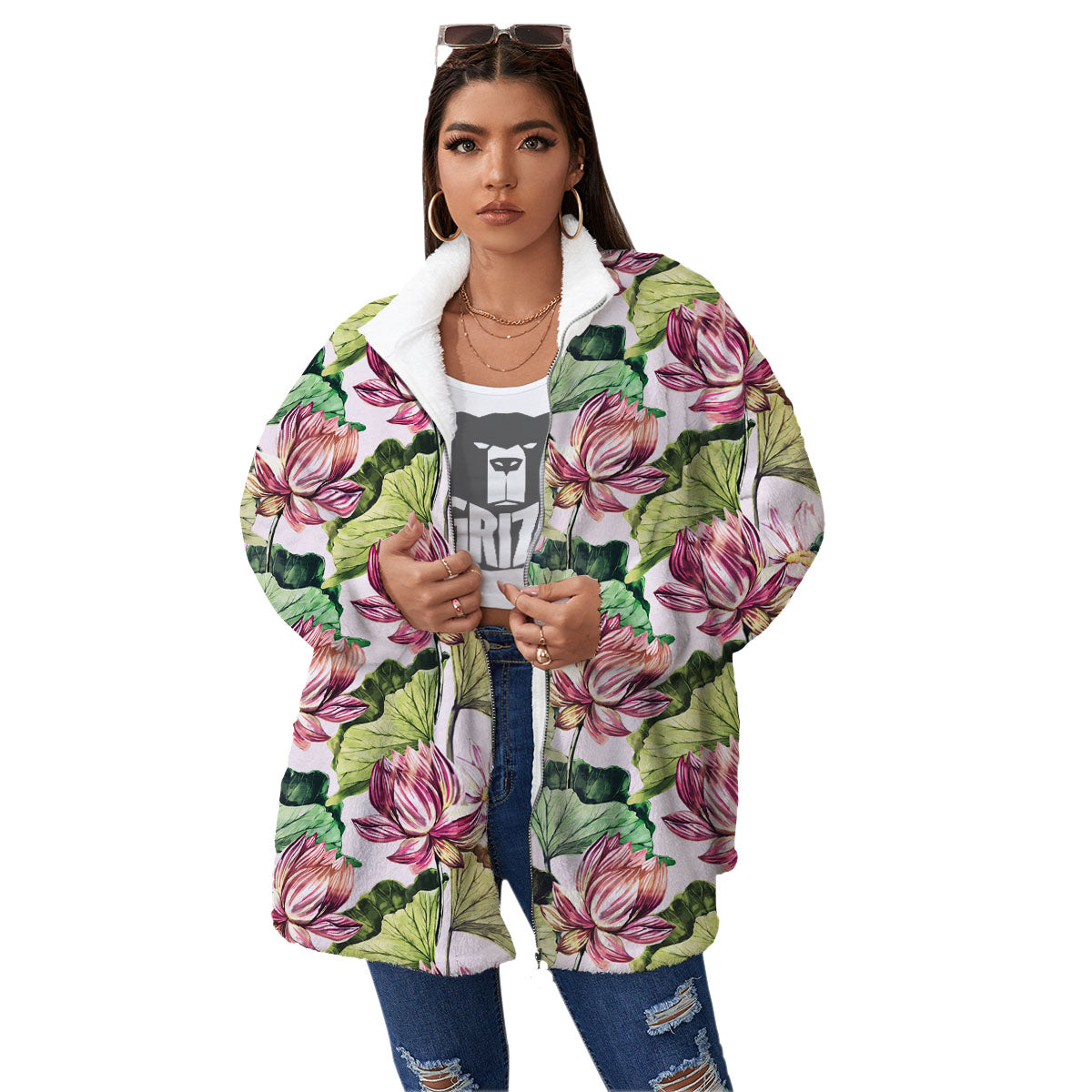 Lotus Pink Print Pattern Women's Sherpa Jacket-grizzshop