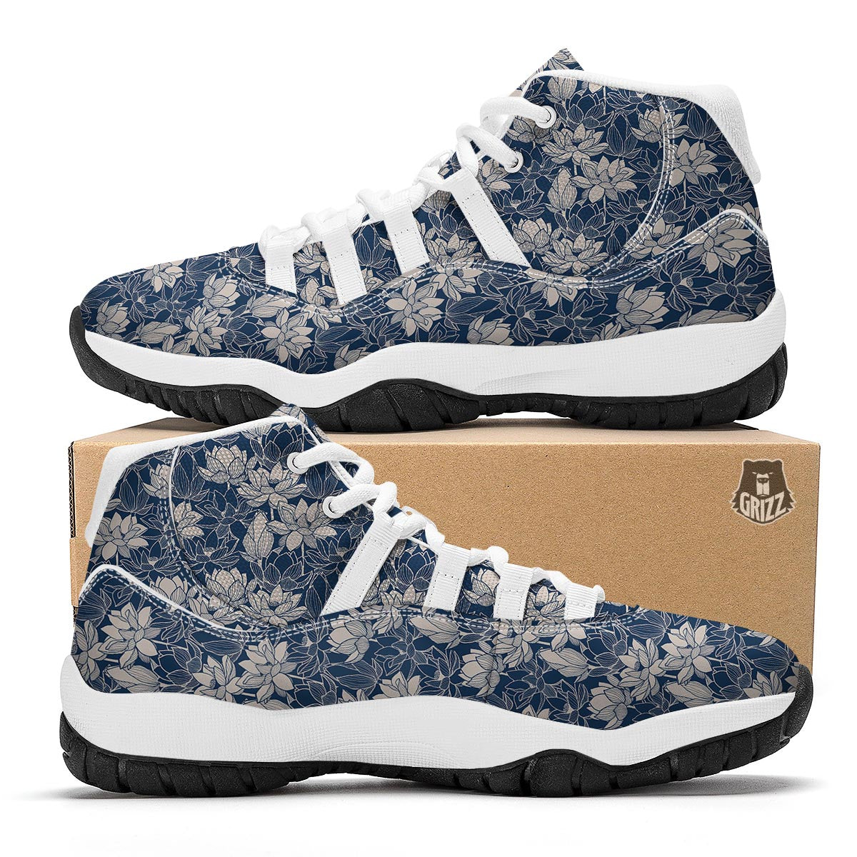 Lotus Print Pattern White Bball Shoes-grizzshop