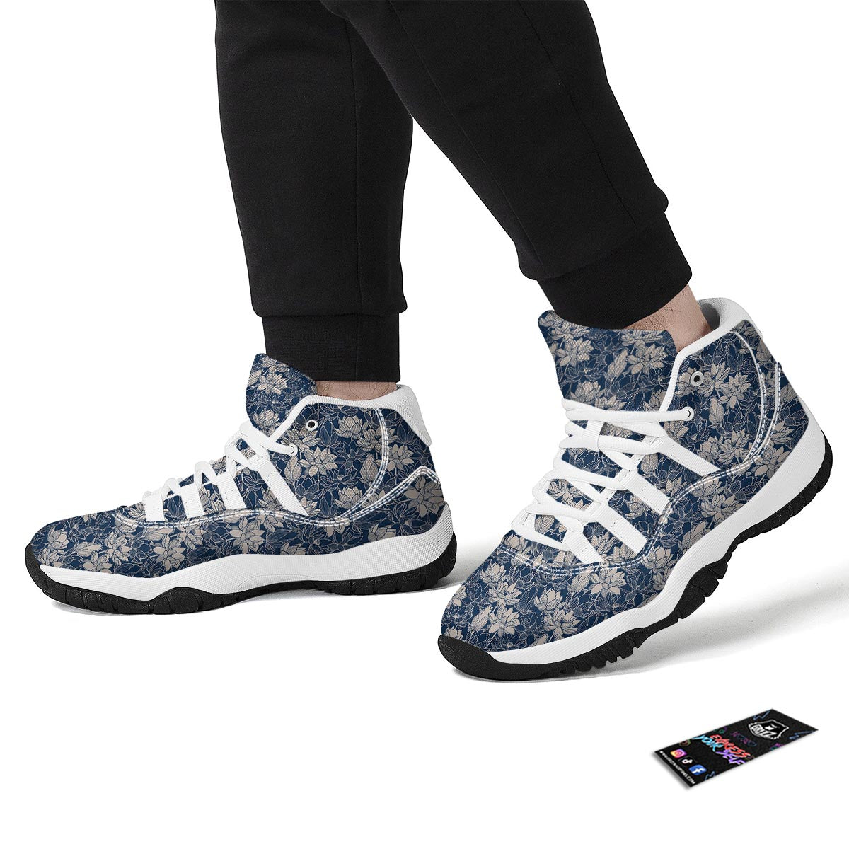 Lotus Print Pattern White Bball Shoes-grizzshop