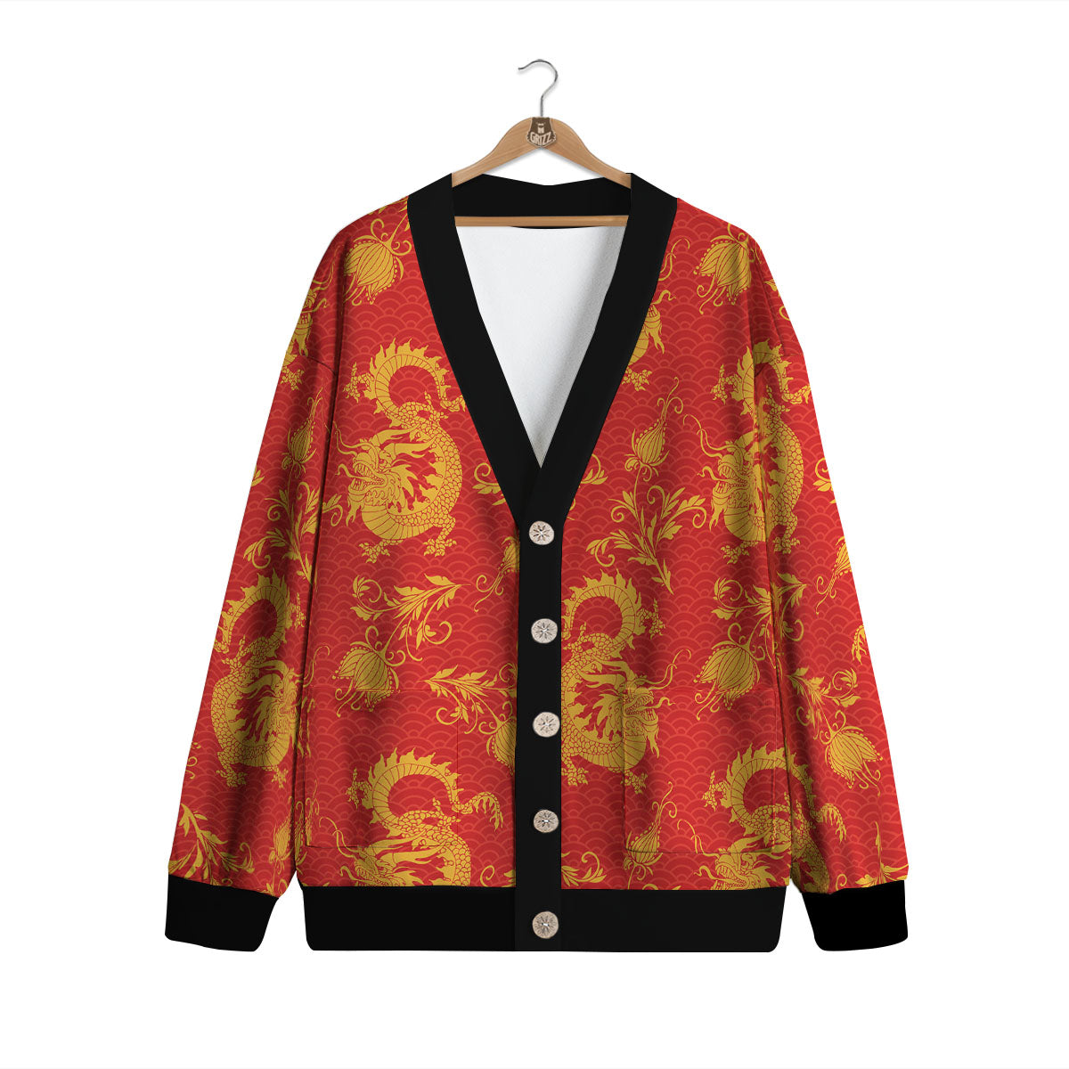 Lotus Red Dragon Print Pattern Cardigan-grizzshop
