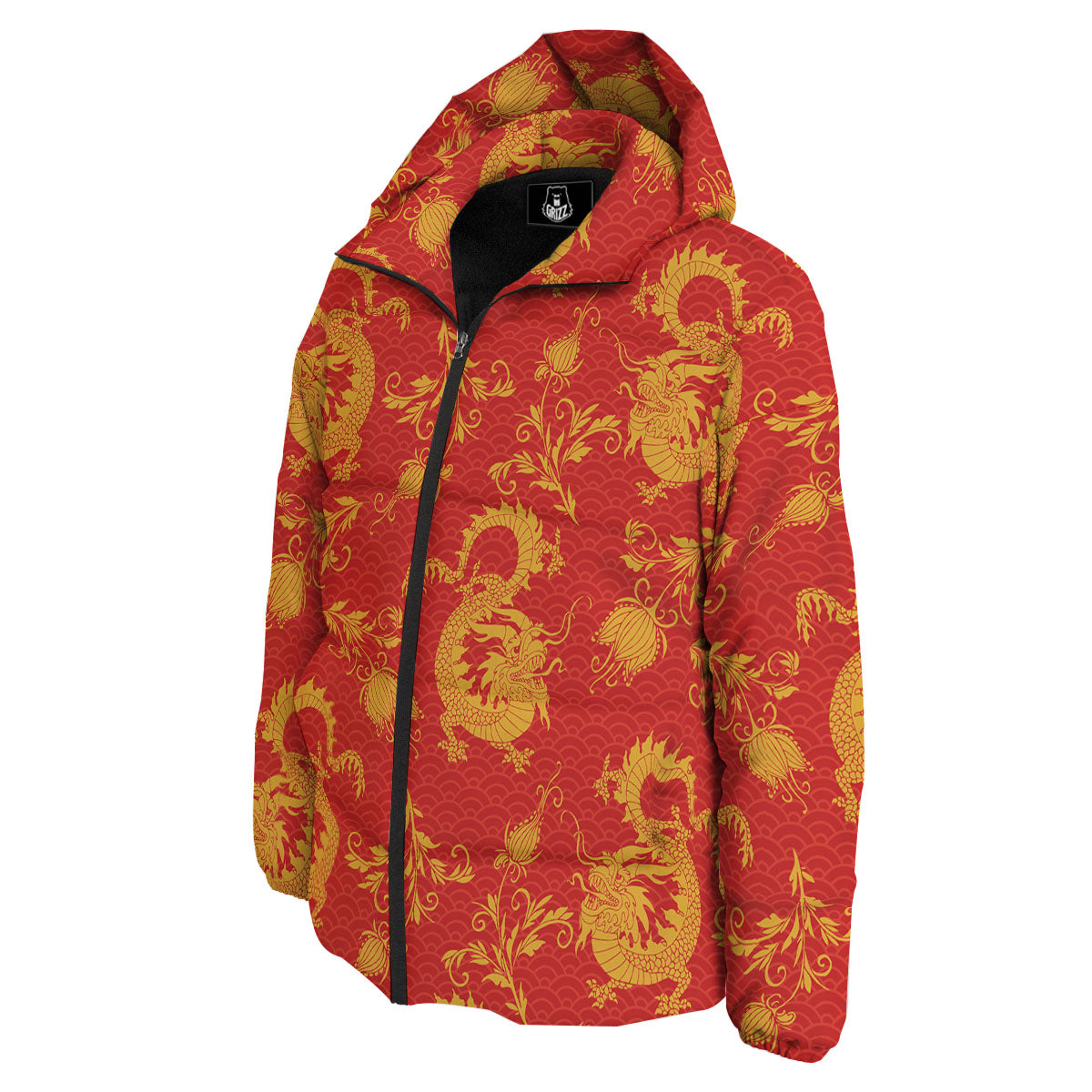 Lotus Red Dragon Print Pattern Down Jacket-grizzshop