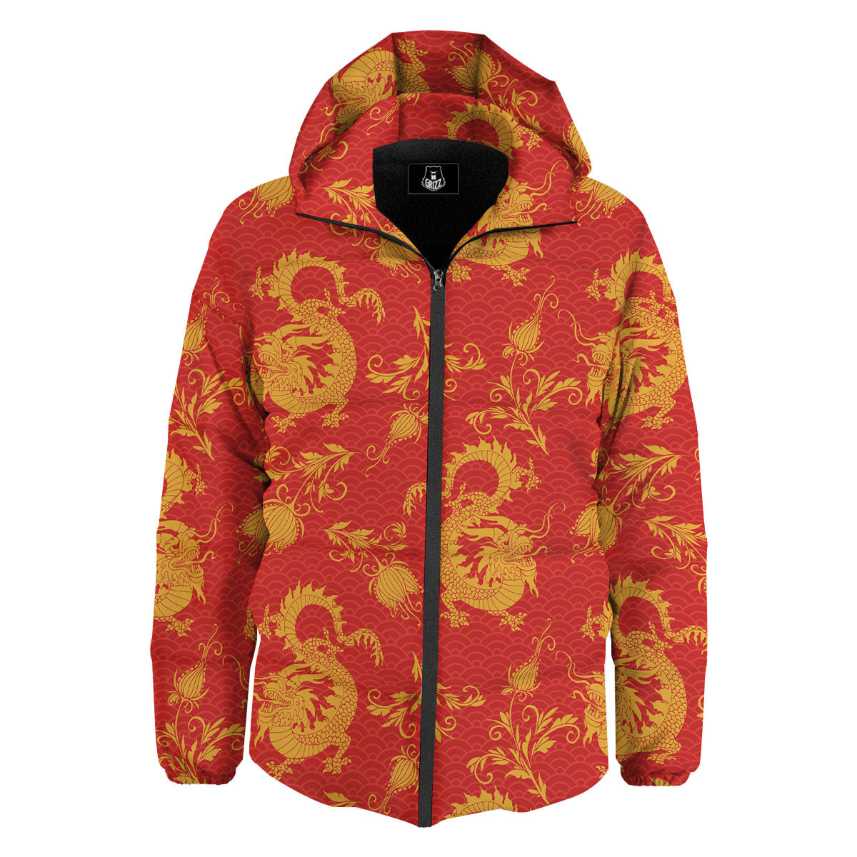 Lotus Red Dragon Print Pattern Down Jacket-grizzshop