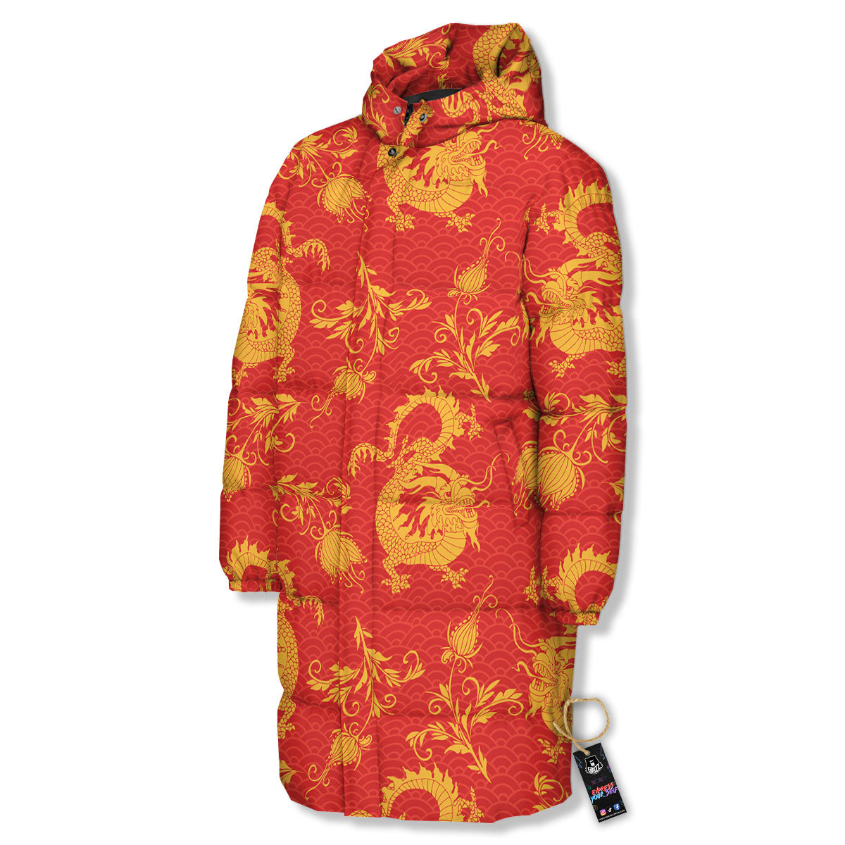 Lotus Red Dragon Print Pattern Long Down Jacket-grizzshop