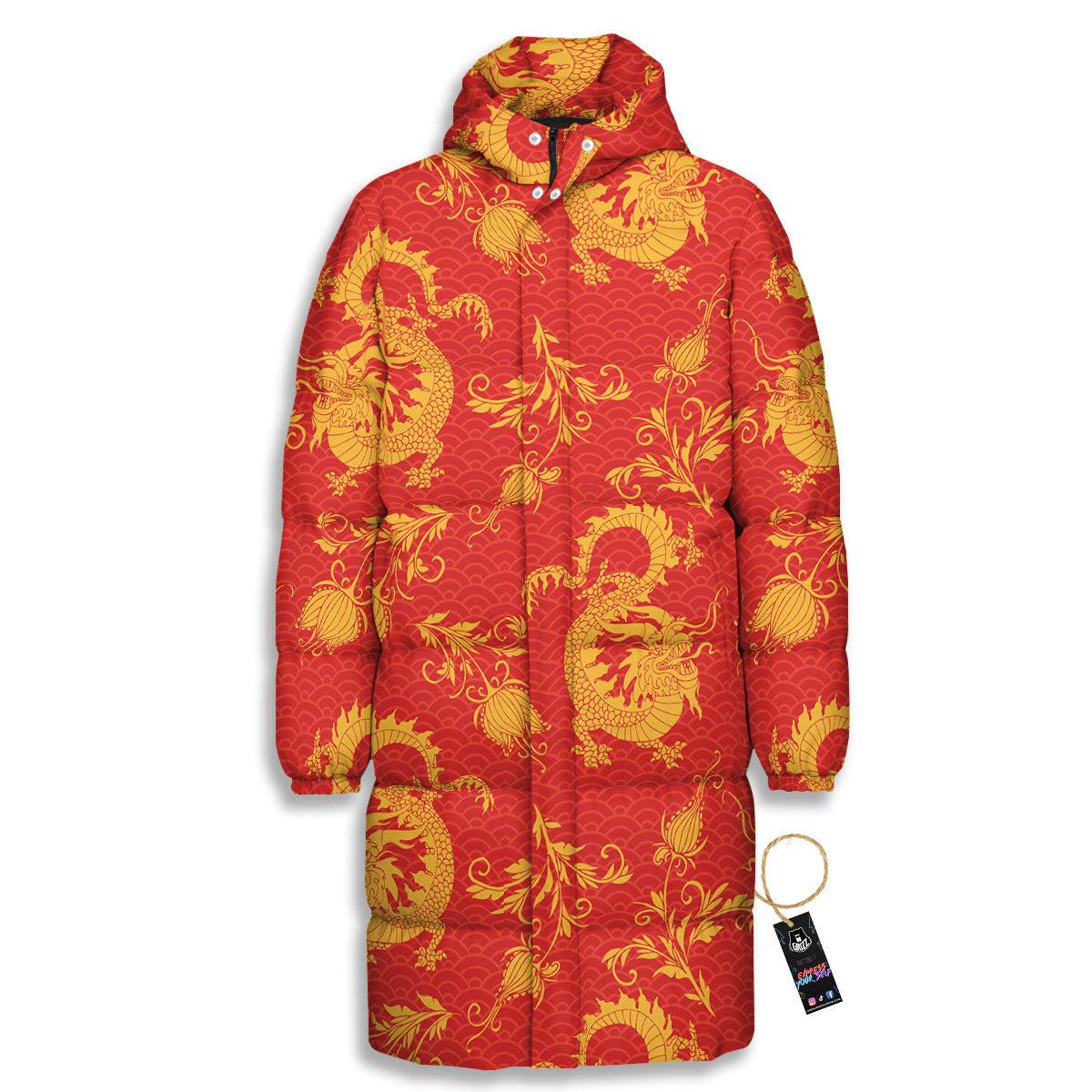 Lotus Red Dragon Print Pattern Long Down Jacket-grizzshop