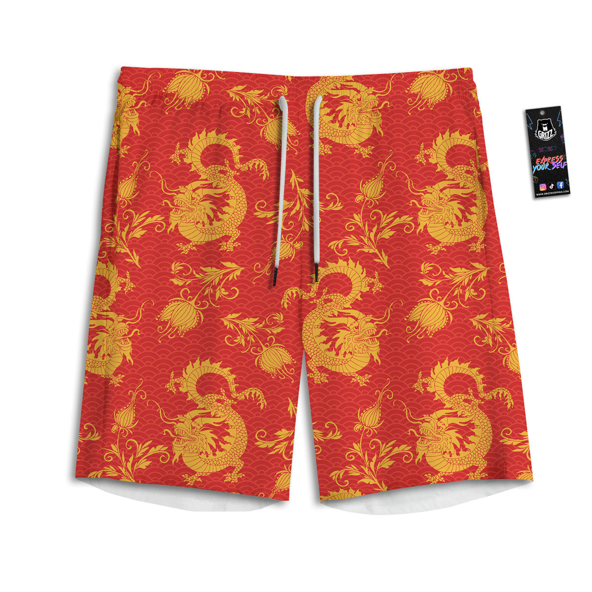Lotus Red Dragon Print Pattern Men's Athletic Shorts