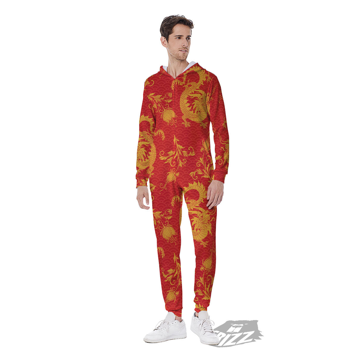 Lotus Red Dragon Print Pattern Men's Jumpsuit-grizzshop