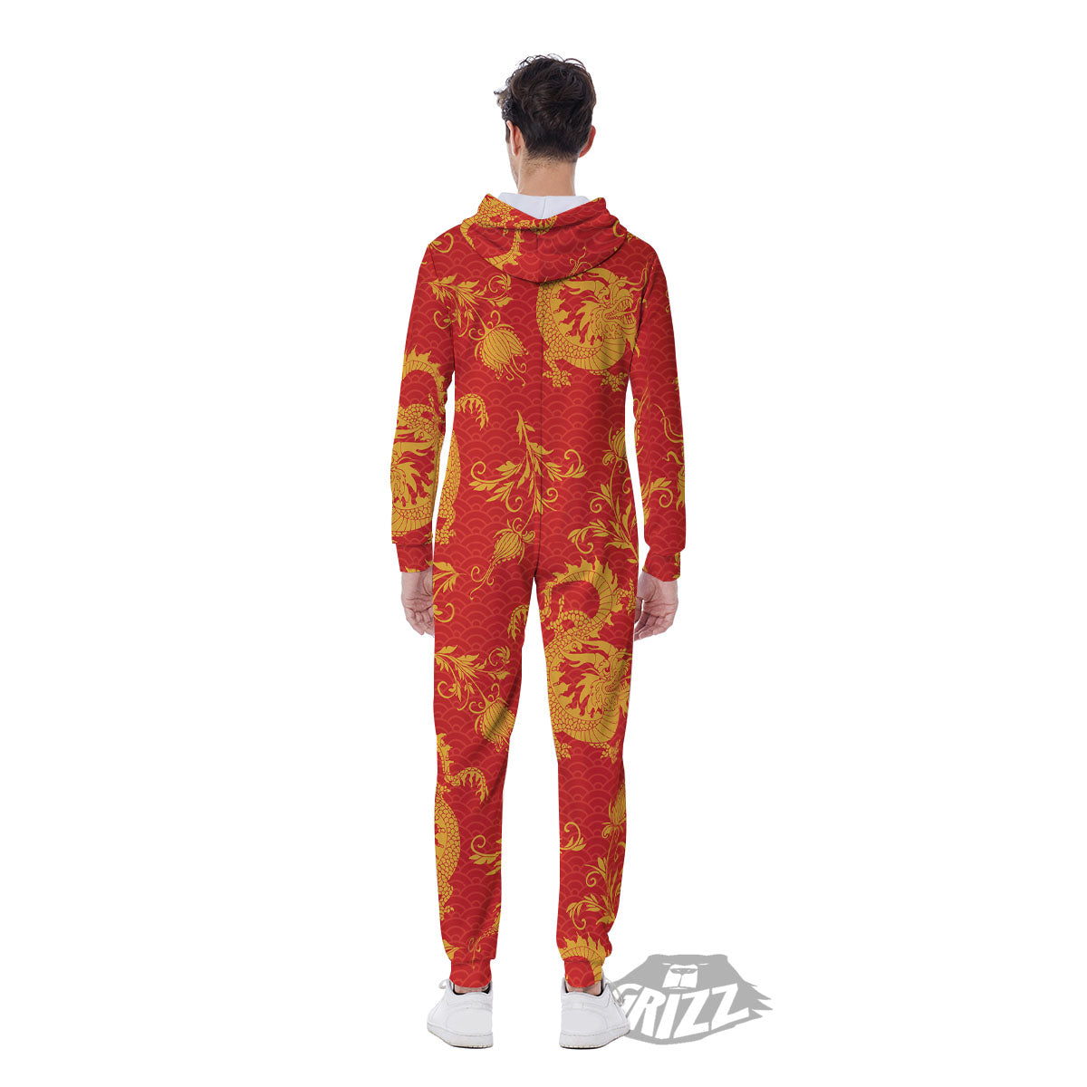 Lotus Red Dragon Print Pattern Men's Jumpsuit-grizzshop