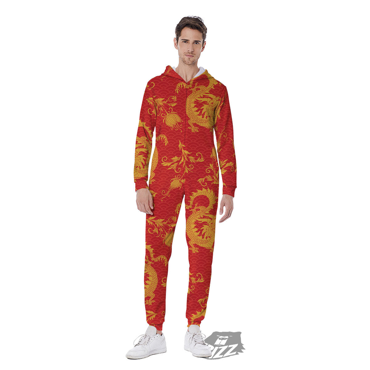 Lotus Red Dragon Print Pattern Men's Jumpsuit-grizzshop