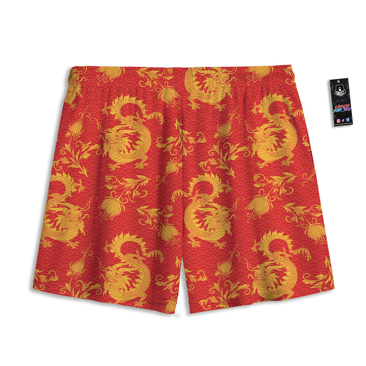 Lotus Red Dragon Print Pattern Mesh Shorts